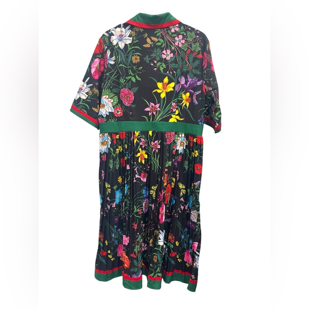 Black Floral Midi Shirt Dress with Green Trim - Picture 4 of 16
